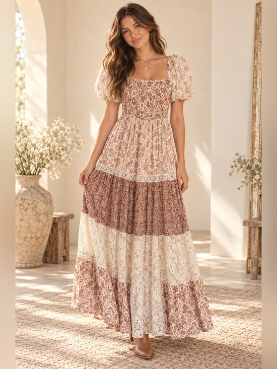 Altar'd State Dresses & Skirts - Altar'd State Aderny Patchwork Floral Maxi Dress - Tiered Puff-Sleeve Maxi Dress